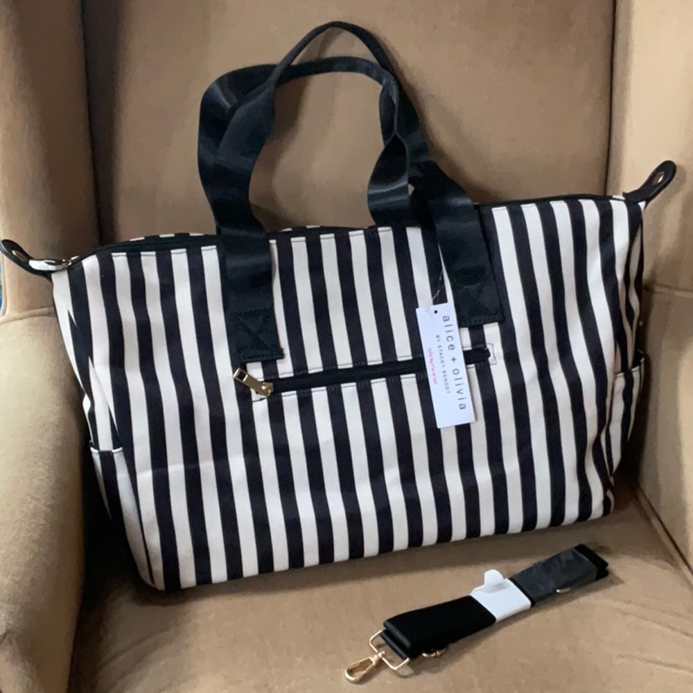 Alice + Olivia Black and White Striped Duffle Tote Bag
